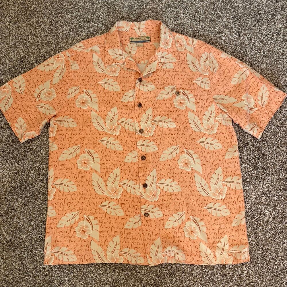 Y2K Beyond Paradise 100% Silk Hawaiian Shirt Mens Lg Peach Coral Floral Aloha